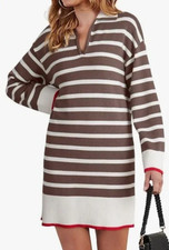 NEW Dokotoo Women's Striped V Neck Polo Sweater Mini Dress Size Large