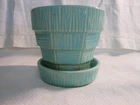 Vintage McCoy USA Turquoise Aqua Basket Weave 4" Flower Pot w/Attached Saucer