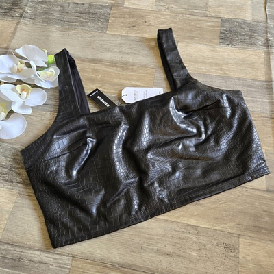 #ad Express Black Body Contour Faux Leather Crop Top Size L NWT $20.00