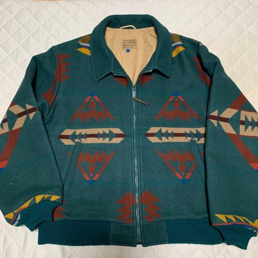 Pendleton USA Wool Rug Pattern Green Jacket L wit… - image 1