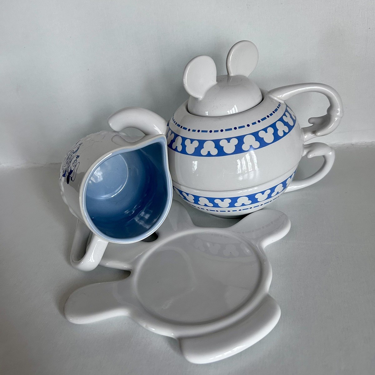 VTG Disney Mickey Mouse Ceramic 4pc Teapot Cup Set + Creamer Blue