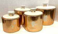 Vintage 60s Mirro Canister Set (of 4) Copper Plated Aluminum White Lids MCM