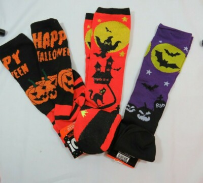 3PK Womens Orange Black Cats Bats Pumpkins Knee High Socks