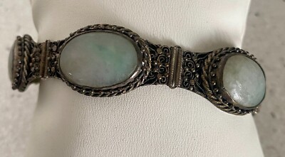 Antique Jadeite Bracelet Cabochon Chinese Export Silver Ornate Filigree Panel