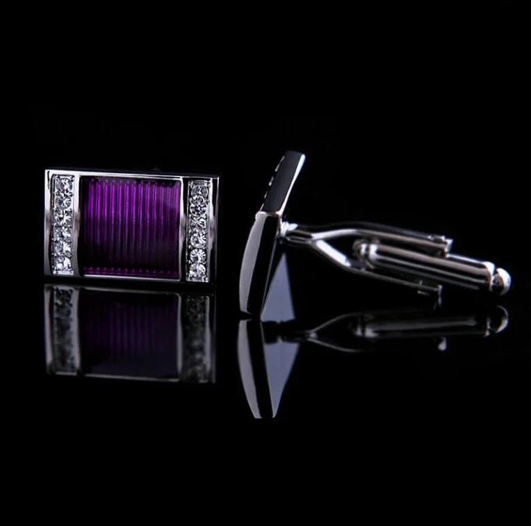 Gemelos de boda con cara rectangular para hombre con zafiro blanco de 1,5 quilates y esmalte púrpura Foto 3 de 4