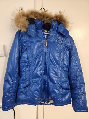 Pepe Jeans London Women Down Zipper Removable Coyote Fur Hood Jacket BLUE 2XL
