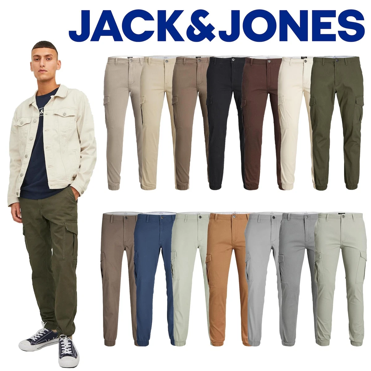 Jack & Jones Men\'s Cuffed Cargo Trousers Slim Fit Casual Combat Bottom  28W-36W | eBay