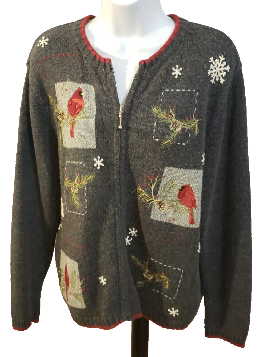 Croft &Barrow Holiday Sweater Women's Large Zip Gray Cardinals Holly Ramie blend