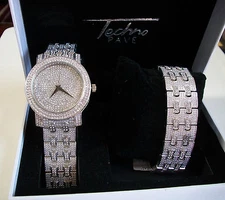 Men's Silver Finish Bling Techno Pave Combo Dress Up Watch & Bracelet Set
