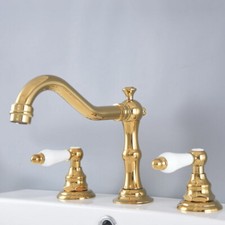 Basin Faucet Widespread Gold Brass Ceramics Handle Bathroom Mixer Tap Deck Mount