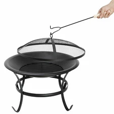 Portable 22" Black Steel Round Fire Pit Wood Burning Heat Mesh Spark Outdoor 