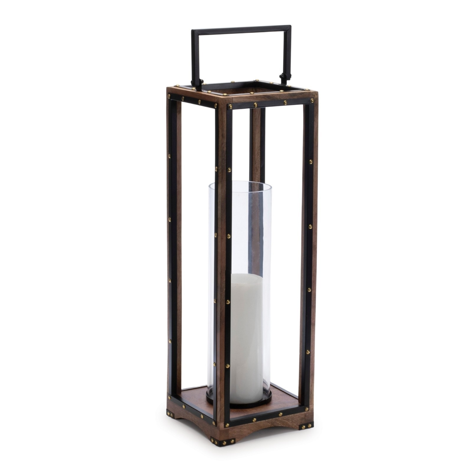 Tall Cylinder Glass Candle Holder Open SQ Frame Wood Metal Farmhouse Decor 7x25"