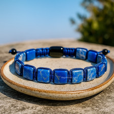 Lapis Lazuli Black Onyx Bracelet Men Square Beads Protection Blue Stone Jewelry