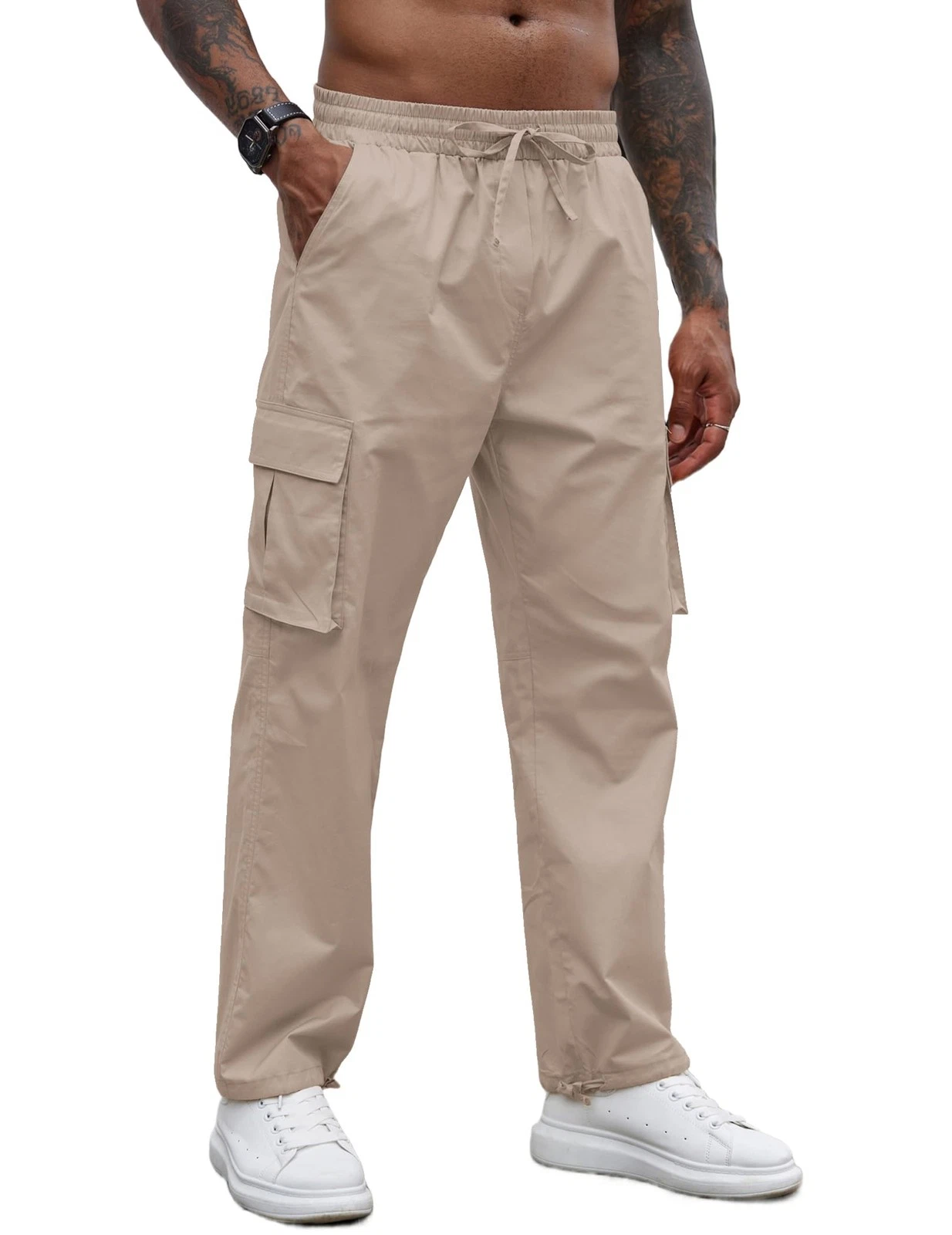 Men's Casual Cargo Pants Cotton Drawstring Athletic Sweatpants, (Champagne,S)