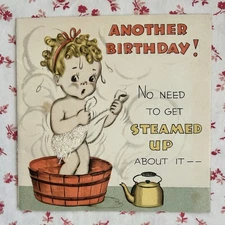 Vintage 1940 Hallmark Birthday Curly Blond Haired Girl in Wash Tub Greeting Card