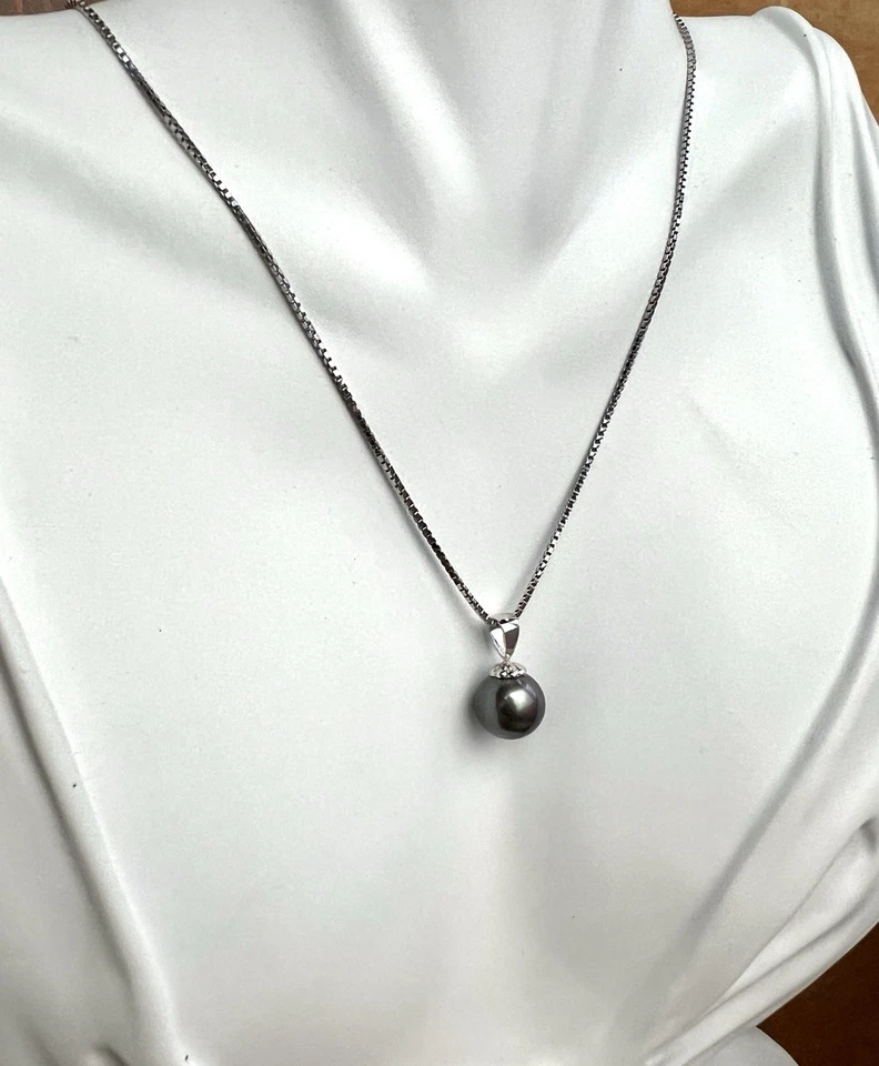 Collar de perlas negras colgante de perlas naturales de Tahití AAA 10 MM cadena de plata 925 Foto 4 de 4