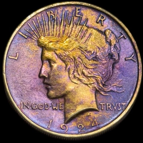 Peace Silver Dollar 1924 90% Silver Monster Rainbow Toning AU $1 Coin