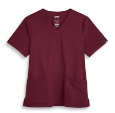 Landau Essentials Scrub Top XL Burgundy Wine Solid V-Neck Classic Fit Soft Touch