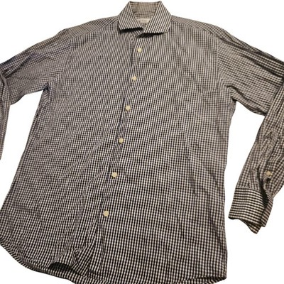 Bums Bees Shirt Mens 15.5 32/33 Blue White Slim Fit Gingham Button Down Cotton