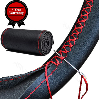 14 inch Black Car Steering Wheel Cover Leather With Needle Thread Hand Stitched