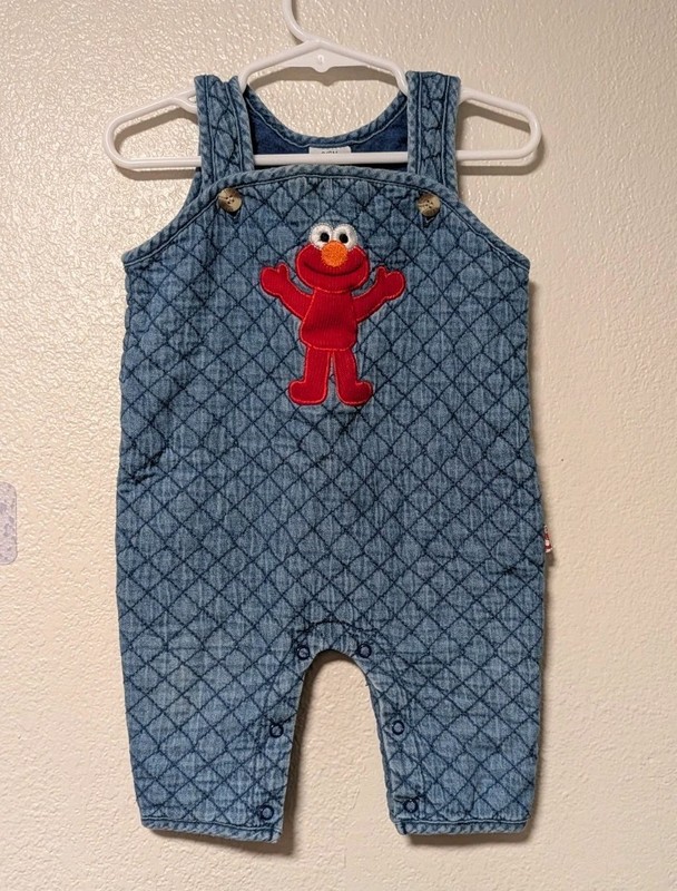 Vintage Sezame Street Baby Overalls Quilted Elmo Blue Size 3-6 M