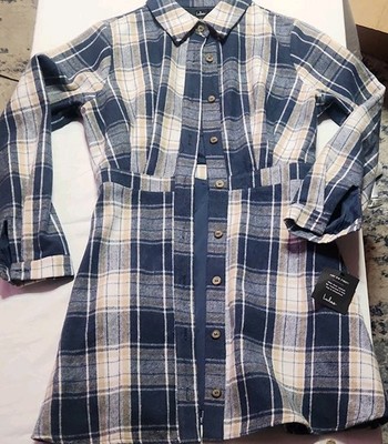 Lulus Blue Beige White Plaid Flannel Button-Front Collared Shirt Dress M
