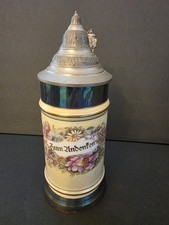 German Beer Stein Pewter Lid Zum Andenken Floral Porcelain Mug Cobalt Blue Band
