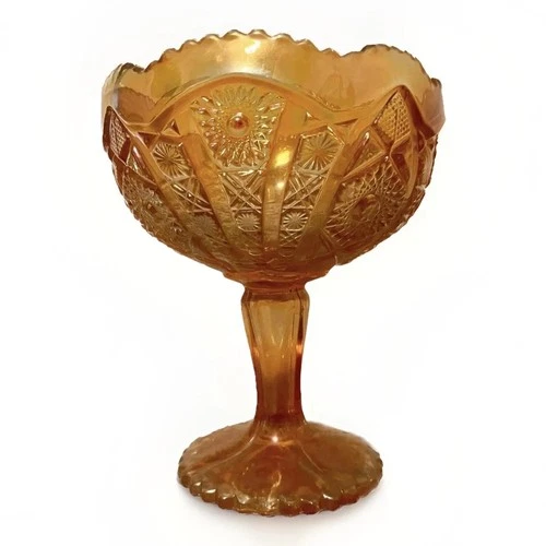 Vintage Carnival Glass Compote Orange Iridescent Marigold 8.25”