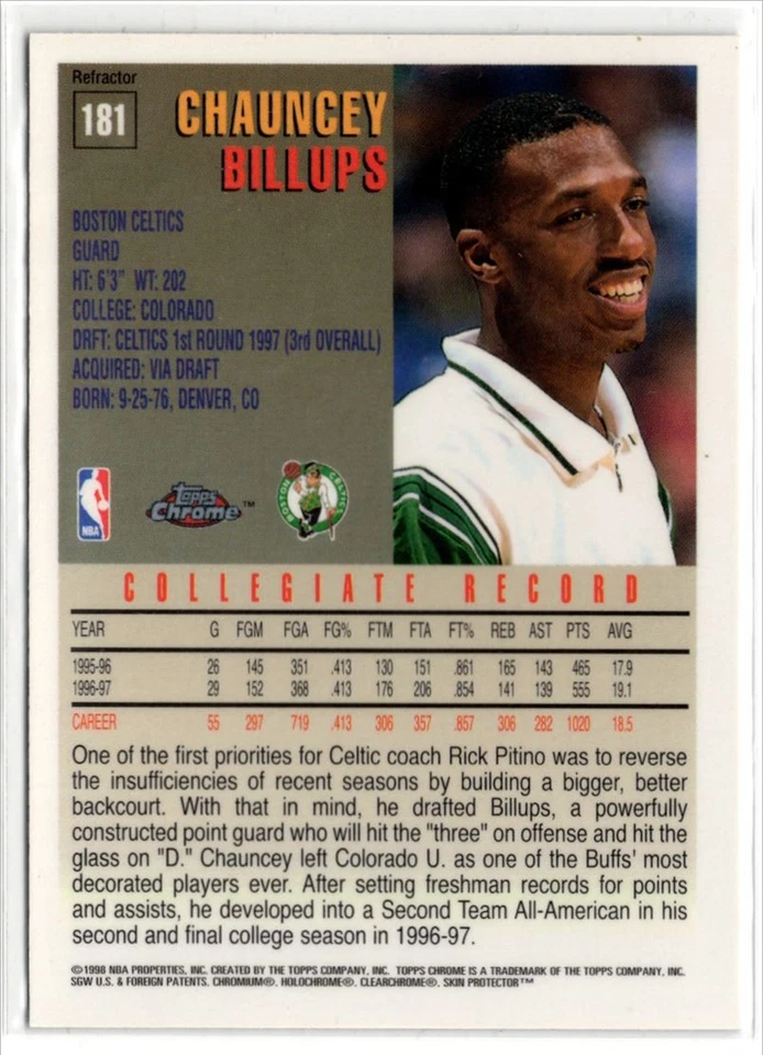 1997-98 Topps Chrome Refractors Chauncey Billups Rookie Boston Celtics #181 - Image 2 of 3