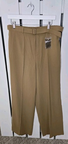 Uniqlo Belted Straight Wide Leg Beige Pants Stretch Waist Size L Career Classy