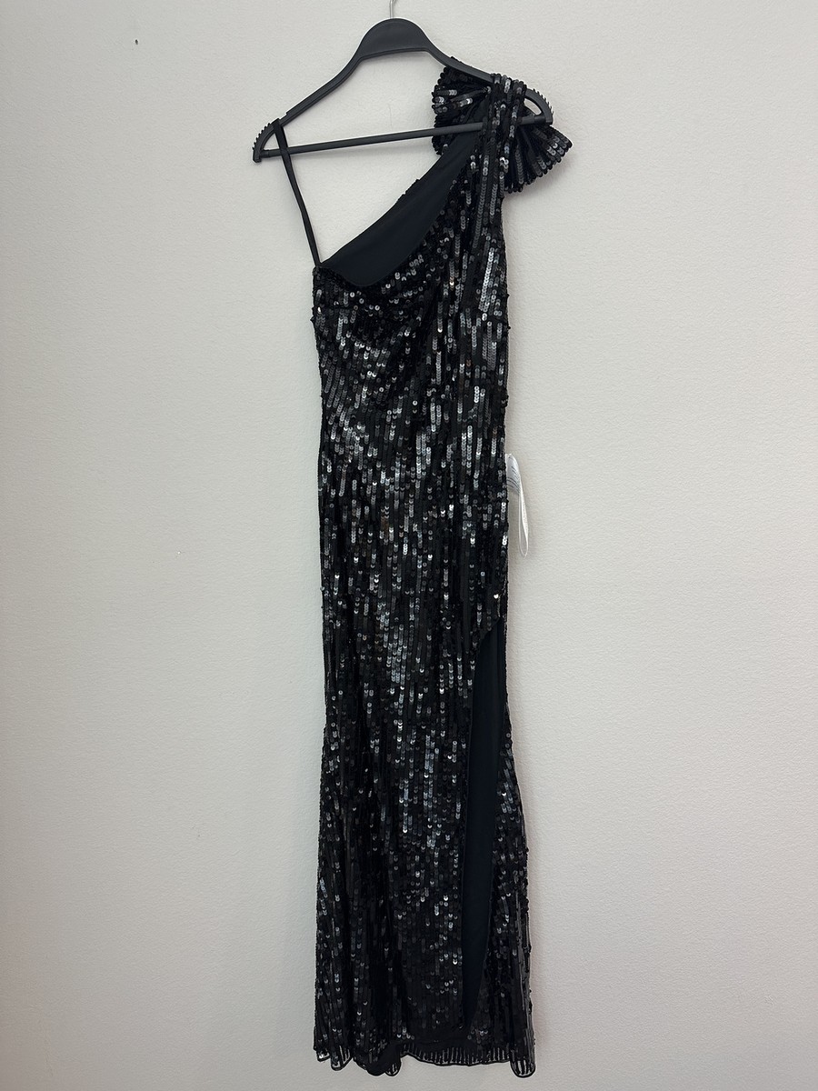 NWT Mac Duggal Black Sequined One-Shoulder Evening Gown