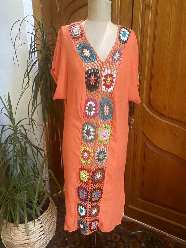 Great Orange Retro Vibes Kaftan Dress Womens XL Crochet Detail