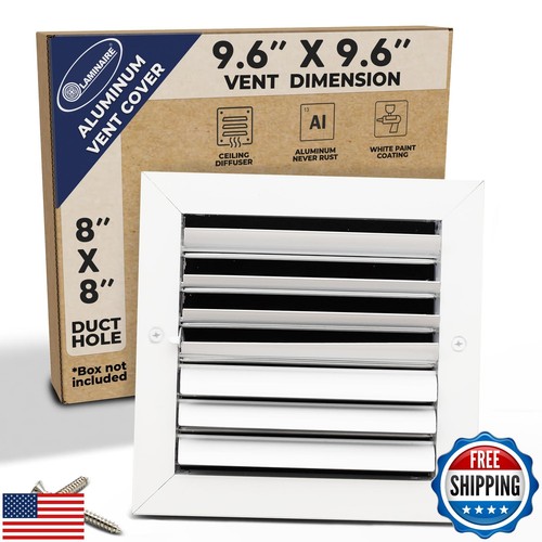 14x6 Aluminum 3-Way Vent Cover – Adjustable Curved Blades, Rubber Gasket – Ceiling Diffuser, White