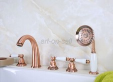 Bathroom 5 Holes Deck Mount Roman Tub Faucet Red Copper Bath Tub w/ Side Spray