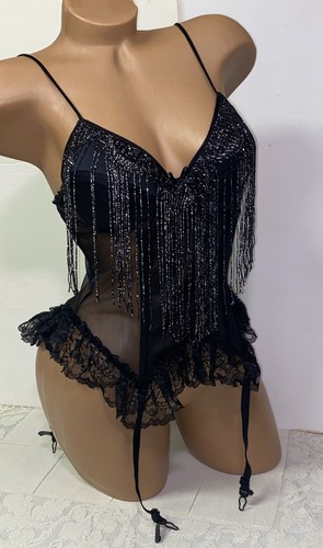 Vintage Secret Treasures Black Metallic Lace bodysuit Corset Top Garters Nylon - Picture 11 of 19