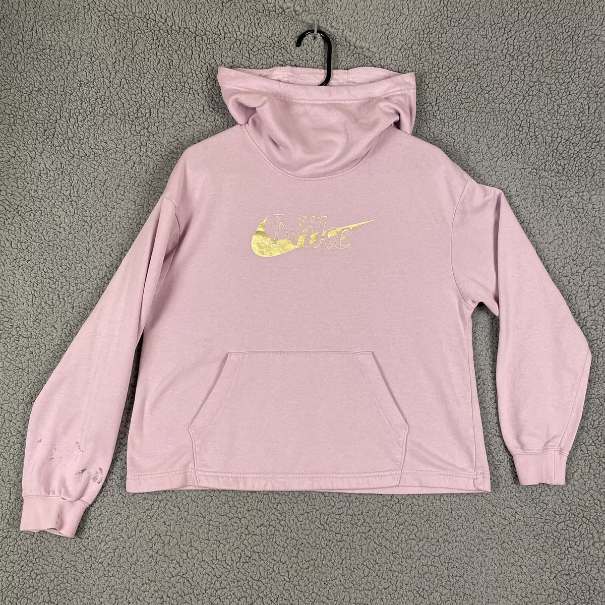 Nike Hoodie Womens Small Pink Gold Long Sleeve Sweatshirt Cowl Neck Cropped