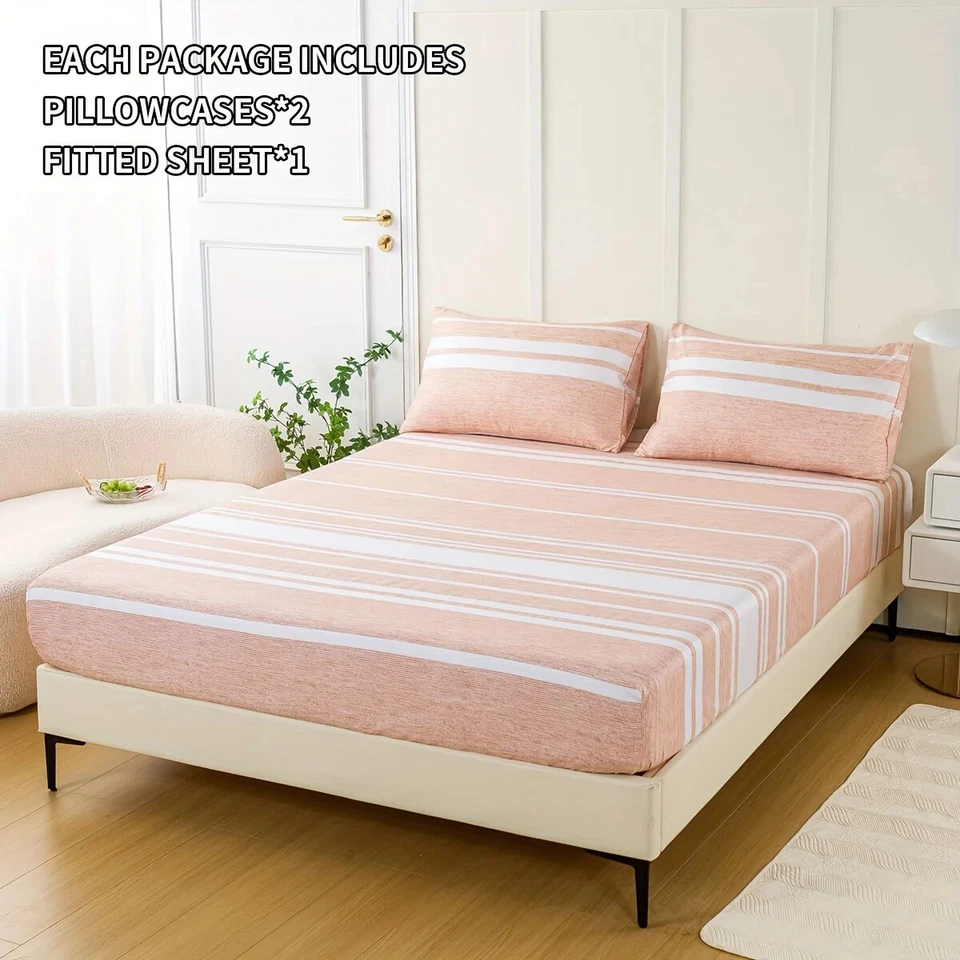 3 件套条纹贴合床单套装 - 包括 1 张床笠和 2 枕套 — 第 2/4 张图片