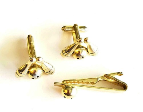 Vintage Bowling Cufflinks Set Tie Bar Gold Tn - Picture 3 of 4