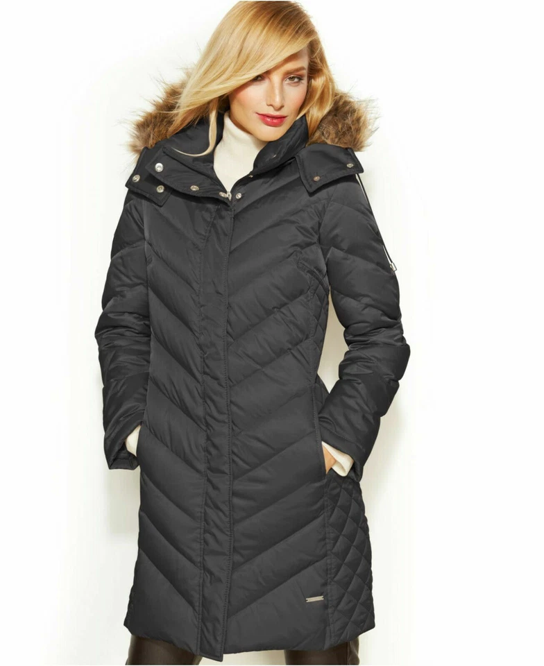 Kenneth Cole Hooded Faux-Fur-Trim Down Chevron Puffer Coat, Black Size S - Image 3 of 4