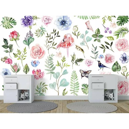 Flamingo Rose and Leaf Bohemian Floral Removable Wallpaper Pink H150