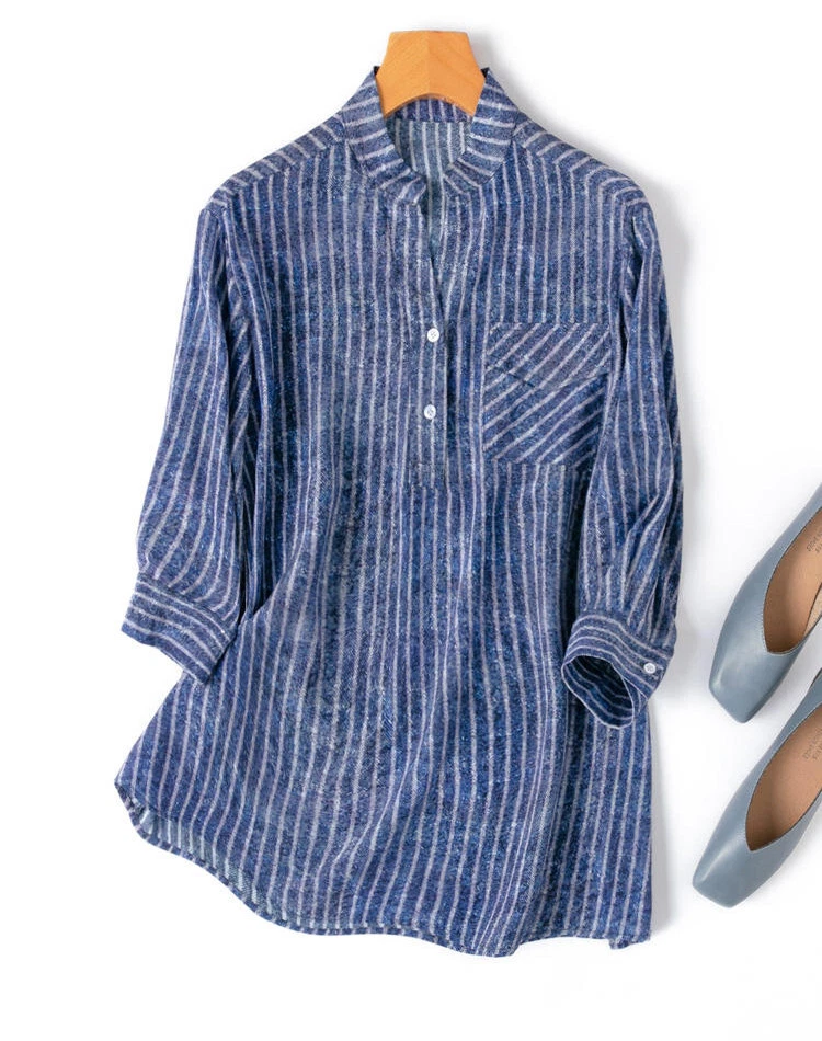 Blusa pulóver top camisa 100 % mora seda rayas manga 3/4 para mujer M1066 Foto 4 de 4