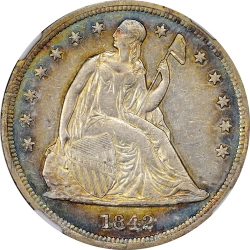 Toned Color 1842 $1 AU55 NGC Seated Dollar | Paradime Coins