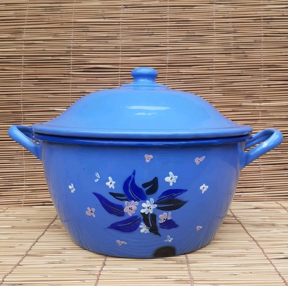 Soupière en tôle émaillée Ancienne Légumièr Grande Décor Floral Fleur Bleu - Photo 3/4