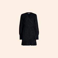 NWT $248 Reformation Clare Dress Black Mini Wrap Tie Long Sleeve Embroidered XS