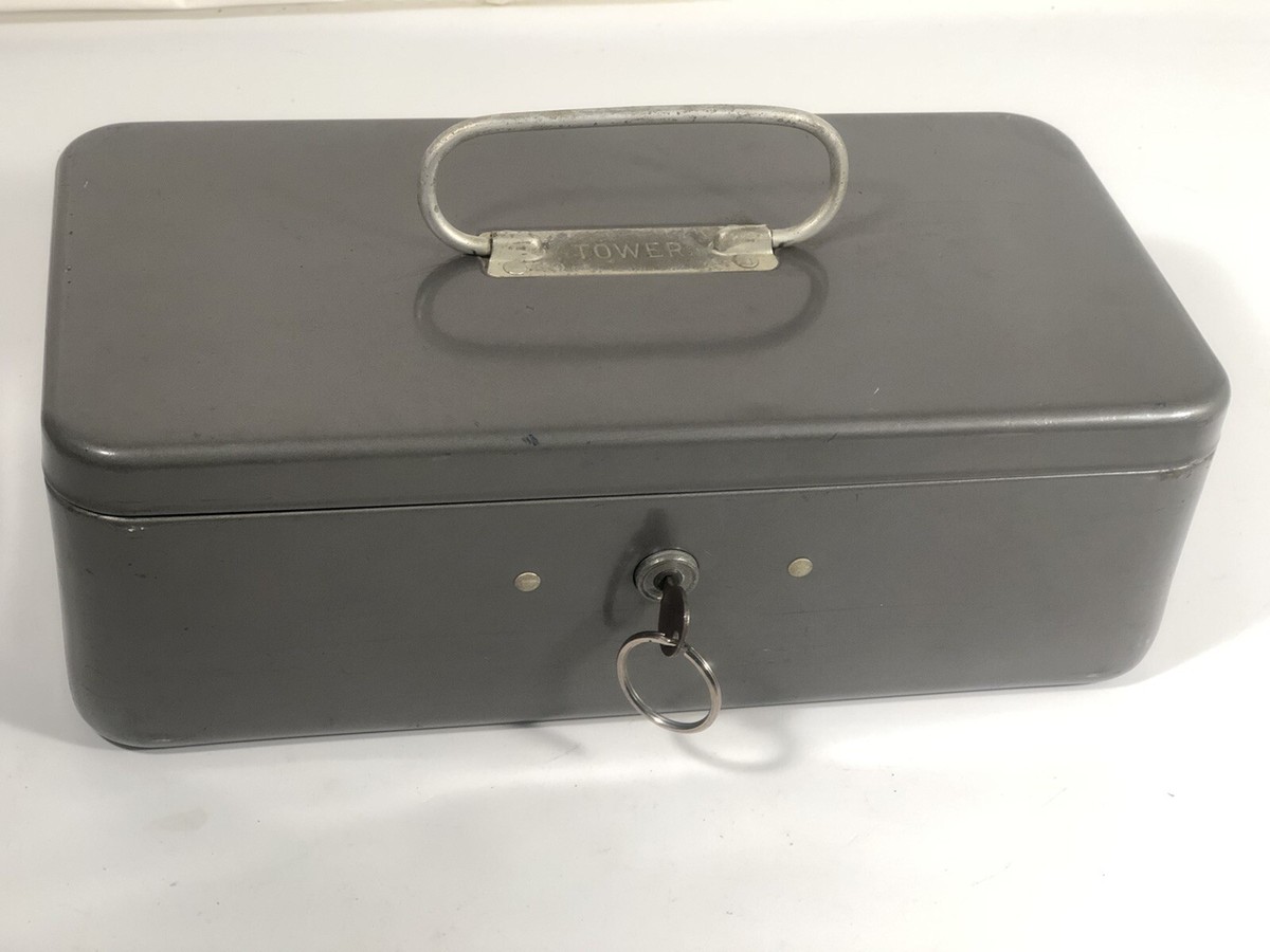 Vintage TOWER Lock Box Metal Cash Document Safe Storage With Key