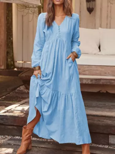 Womens Long Sleeve V-Neck Kaftan Casual Loose Baggy Oversize Maxi Dress Gown - Picture 7 of 17