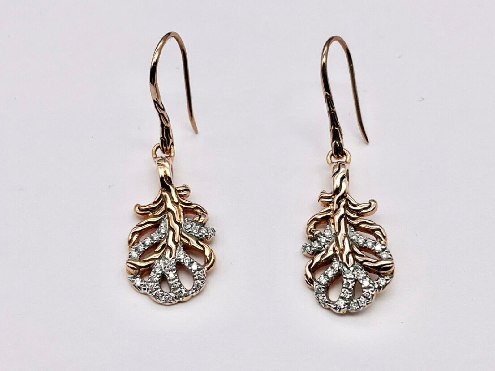 John Hardy 18K ROSE Gold & DIAMOND 0.35 TCW Dangle FISH Hook EARRINGS