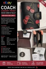 Coach Cherry Print Medium Corner Zip Wallet Black Red Zipper Logo Accents