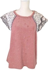 BiBi SzS Distressed Dusty Pink Knit Top Leopard/Snakeskin/Embroidered Braid Trim