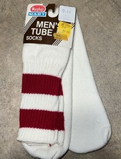 Mens Tube Socks NOS VTG White Red Striped 9-14 Cotton Blend